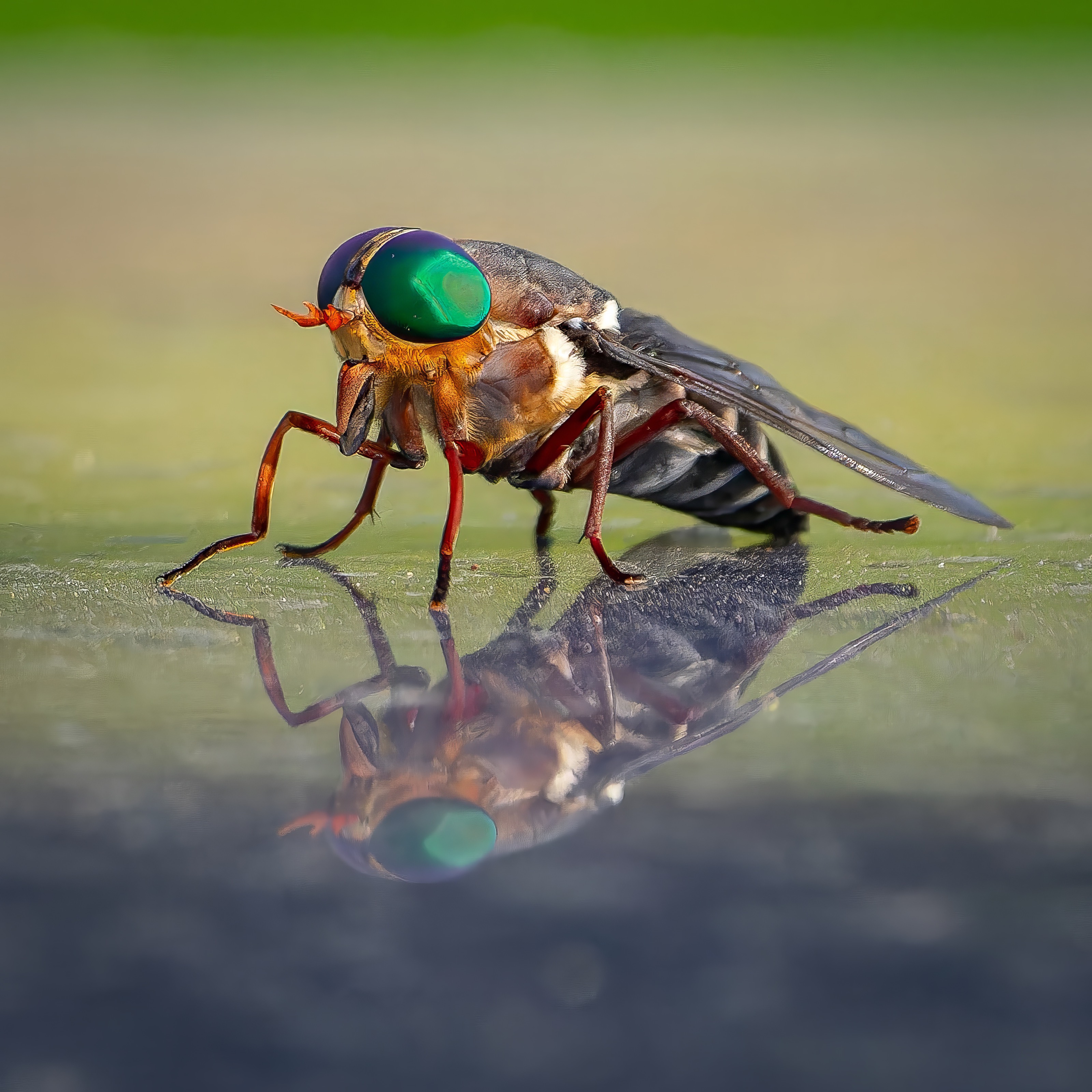 Horse fly standing above its reflection on a smooth surface
