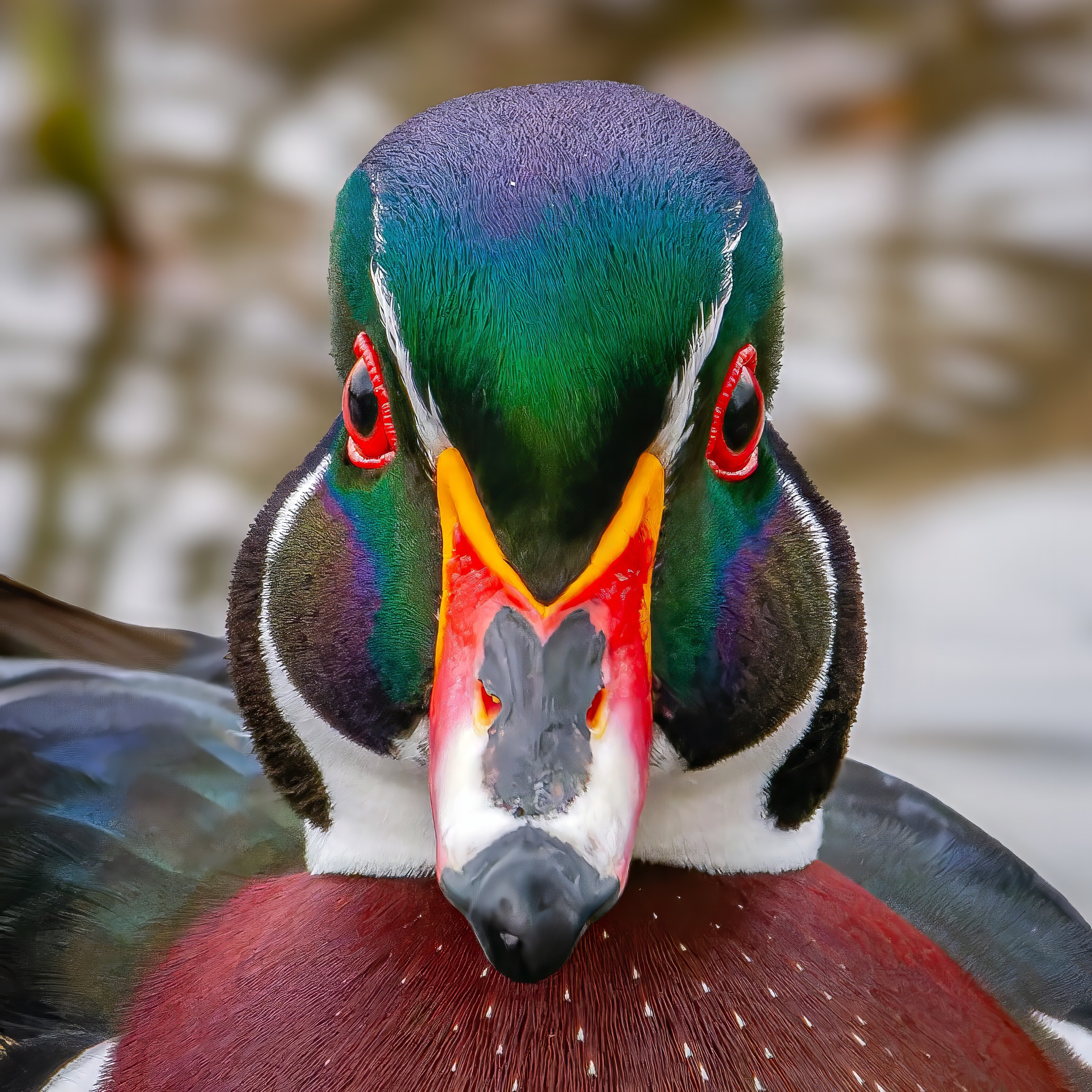 Frontal portrait of a male Wood Duck
